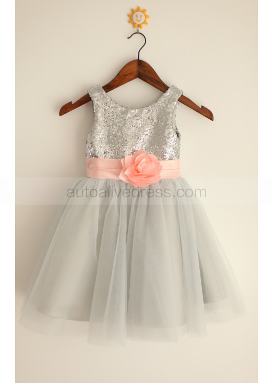 Silver Sequin Pleats Sash Tulle Flower Girl Dress